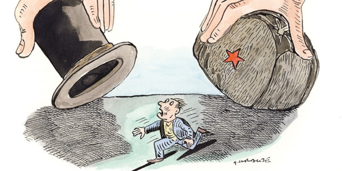 An illustration showing a man in a suit running away from two different hats – one a top hat the other a Russian Communist Party hat – trying to trap him