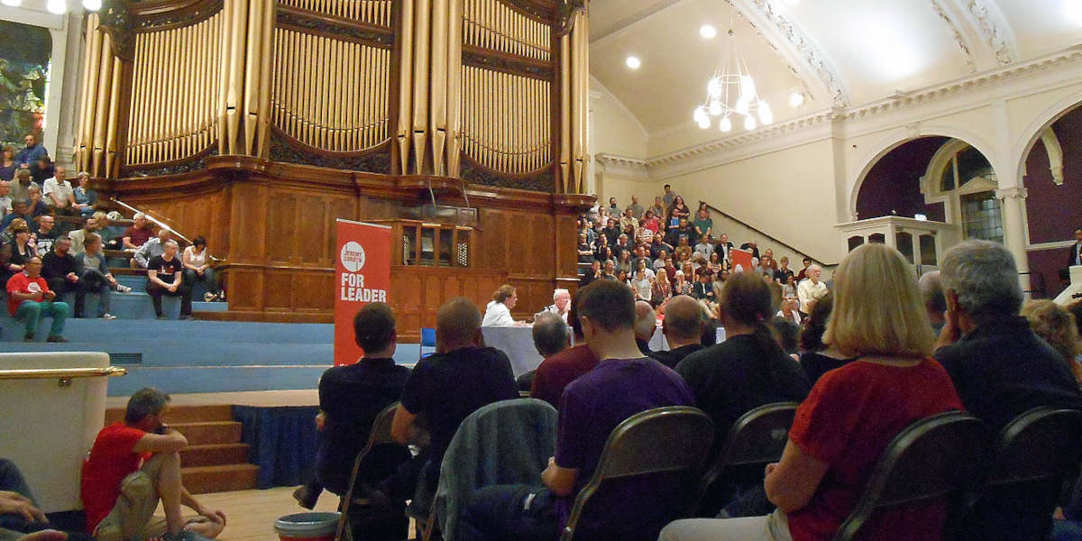 A rally held in 2015 as part of Jeremy Corbyn's Labour Party leadership campaign inside the Albert Hall in Nottingham, taken from with the seated crowd