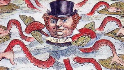 Cartoonist from 1888 depicting John Bull (England) as the octopus of imperialism, grabbing land on every continent. Public Domain.