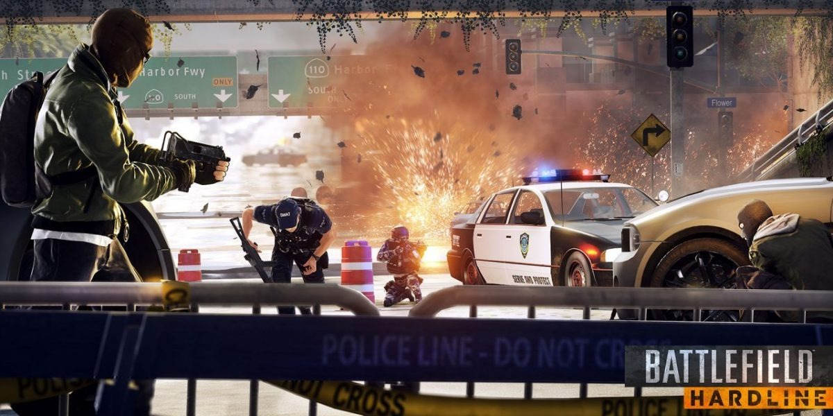 A still from the video game Battlefield Hardline shows a US police car exploding in the background with a man dressed as a detective in the foreground 