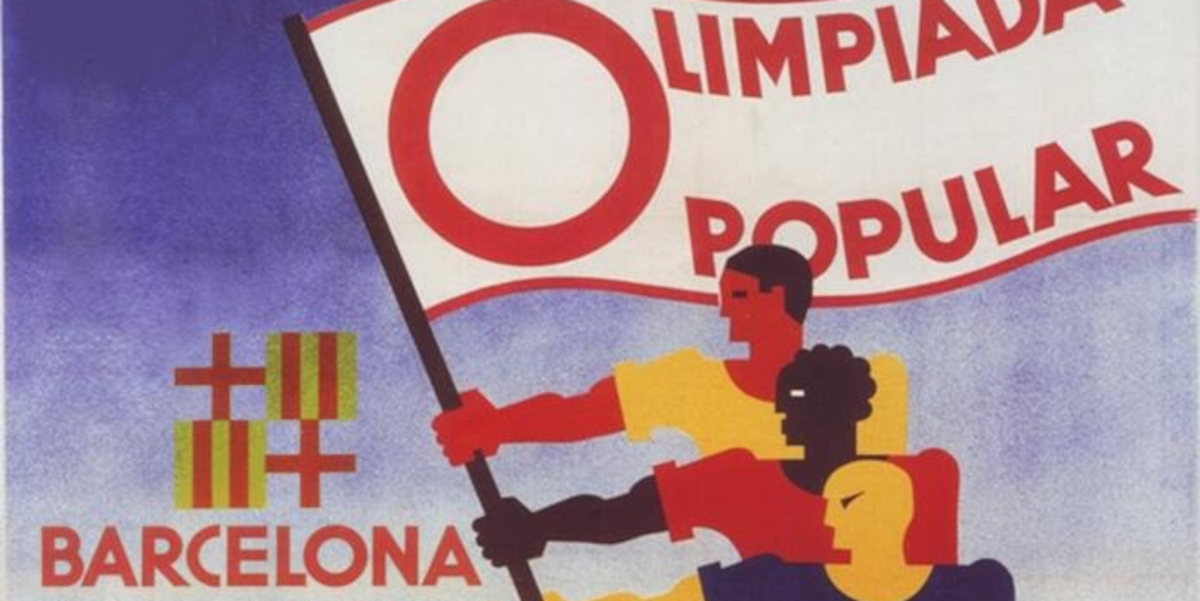 A promotional image for the 1936 People's Olympiad includes an illustration of three people with different colour skin and clothes, holding a banner reading 'Olimpiad Popular'