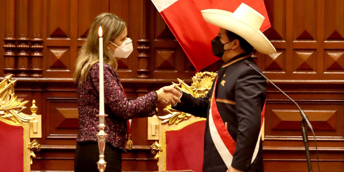 A photo of Pedro Castillo being sworn in at the Peruvian Congress