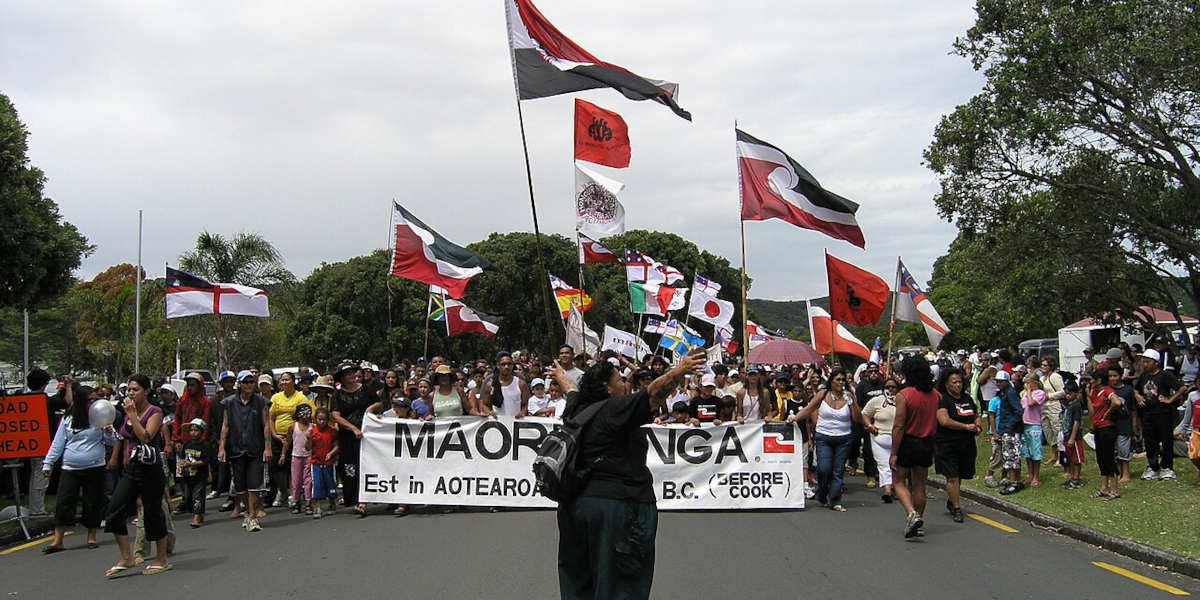 A woman standing in front of a crowd of protestors waiving the Tino Rangatiratanga national Māori flag