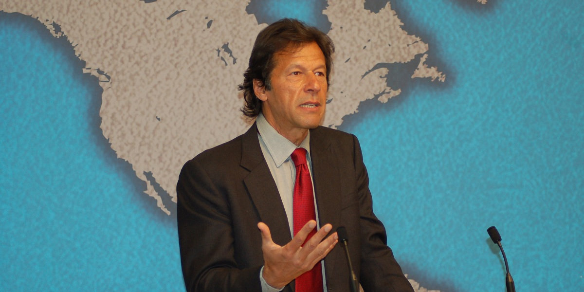 Former cricketer and Prime Minister of Pakistan giving a speech at Chatham House in London, UK