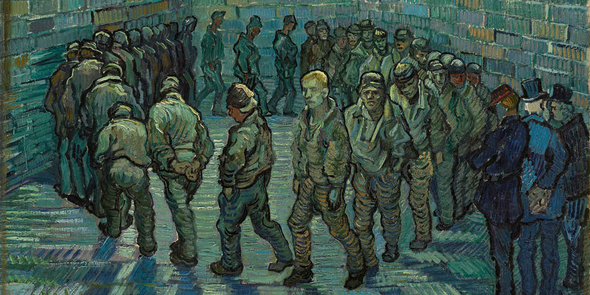 A painting of prisoners in a dingy cell walking in a circle whilst being observed by a prison guard