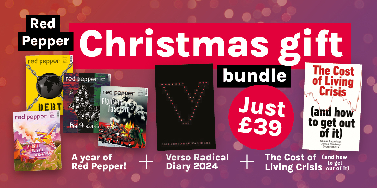 Against a red/purple background, images of the Christmas gift bundle contents: red pepper annual subscription; a diary and a book for just £39