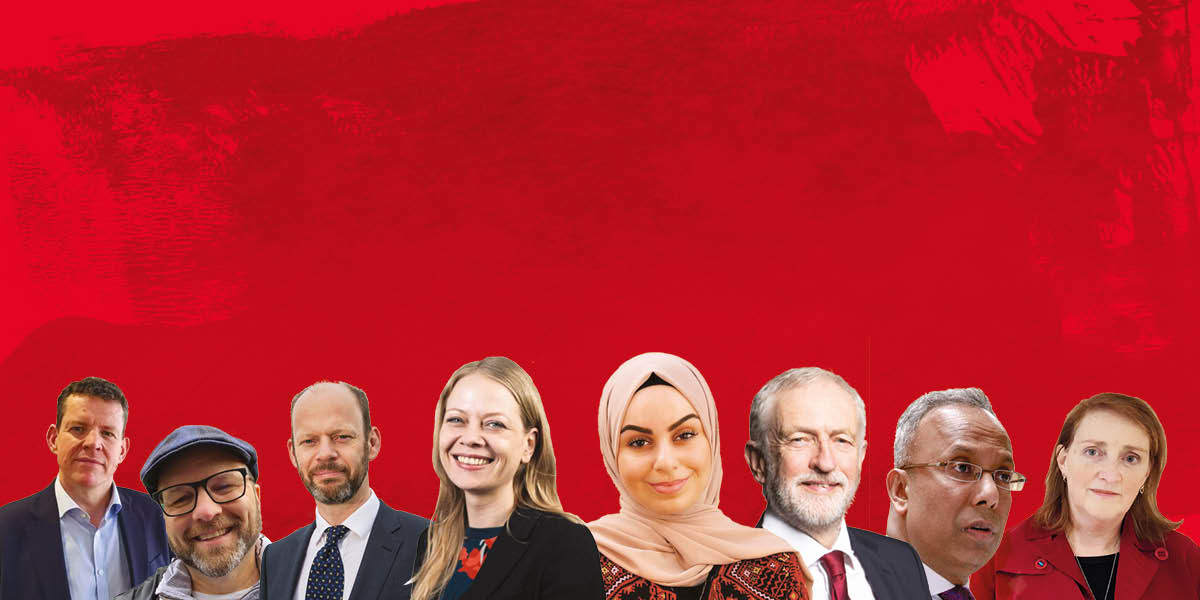 On a red background there are eight headshots of politicians: including Jeremy Corbyn, Leanne Mohammed, Jamie Driscoll and Lutfur Rahman.