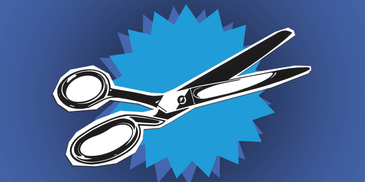 An illustrated pair of scissors is on a blue background.