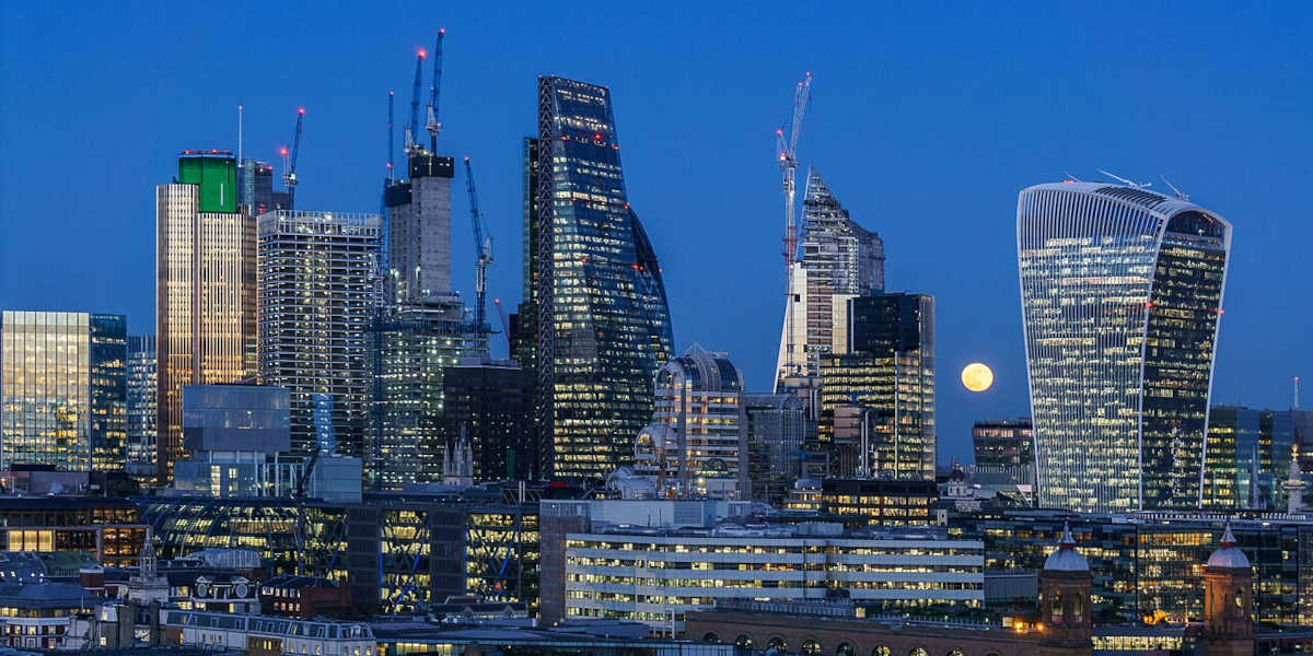 Skyscrapers in the City of London at night, taken during the 2018 super moon