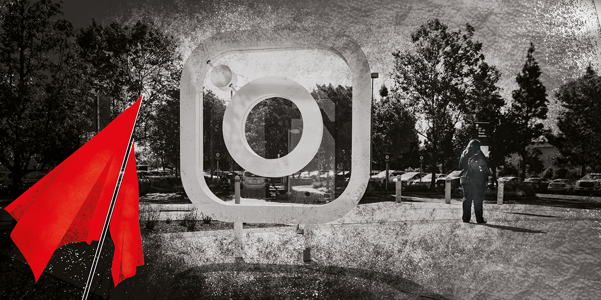 A stylised photo of big tech headquarters with an Instagram logo prominent