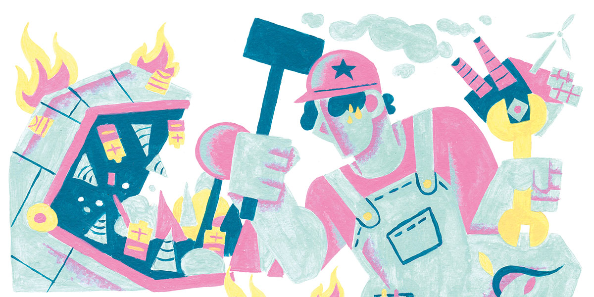 An illustration in pastel colours shows a workman with a hammer against an industrial backdrop