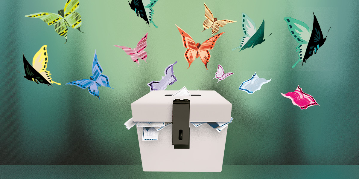 An illustration of a ballot box with ballots turning into colourful butterflies as they seem to emerge from the slot