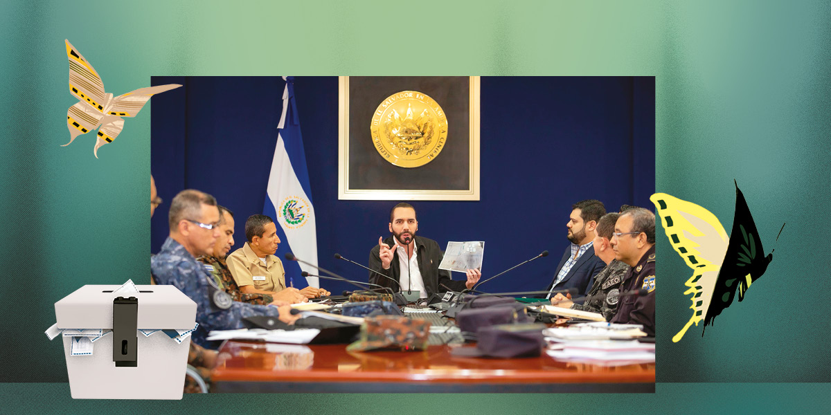 A montage image features an illustration of a ballot box with ballots coming out the side, with butterflies around. In the centre is a photo of Nayib Bukele at a table with with military leaders