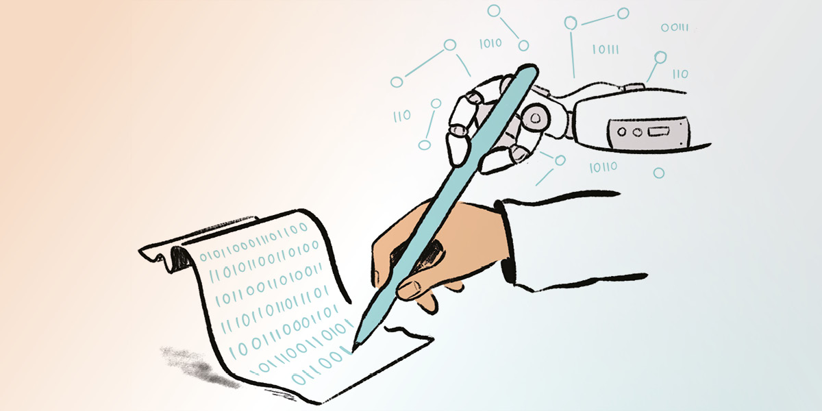 An illustration of a hand writing out binary code on a paper with a pen, with a robotic hand controlling the pen from above