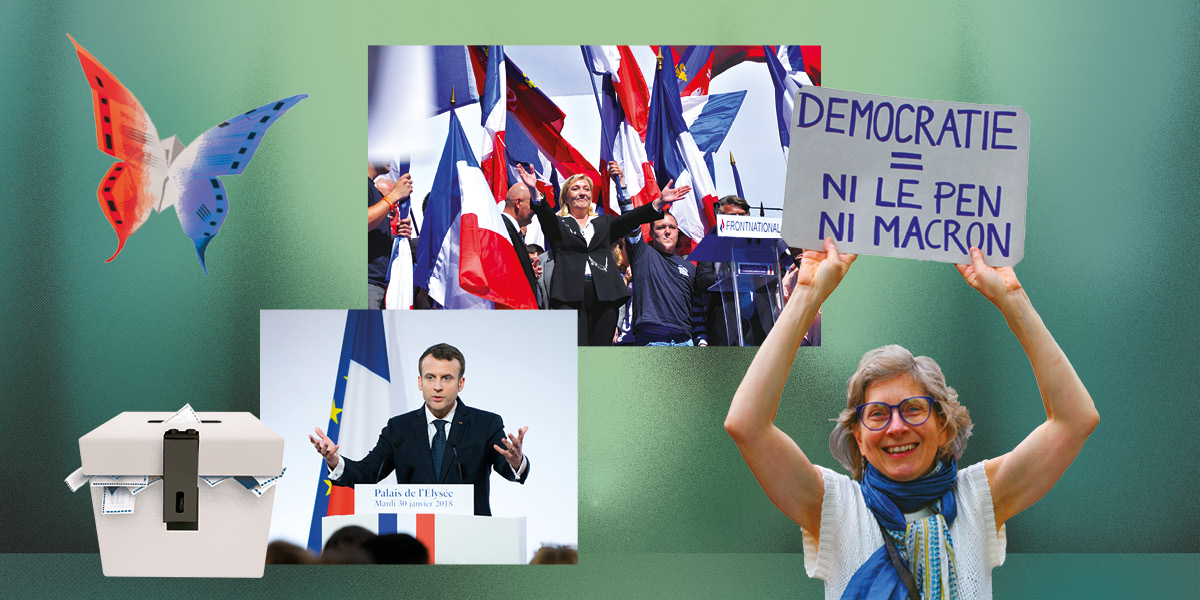 A montage image features an illustration of a ballot box with ballots coming out the side, with a butterfly above in the colours of the French flag. To the right there are photos of Emmanuel Macron speaking from a podium; Marine Le Pen at a rally and a protester holding a sign that reads: Democracie = Ni Le Pen Ni Macron