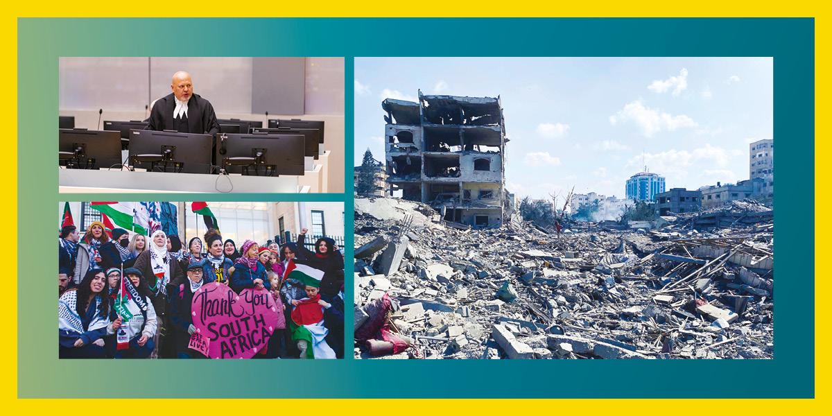 Three photos: A bald masculine person wearing court robes stands behind a bank of computers; a scene of levelled buildings and debris after a bombing; a crowd of smiling people wearing keffiyehs and Palestine flags holds a large pink heart sign reading Thank you, South Africa