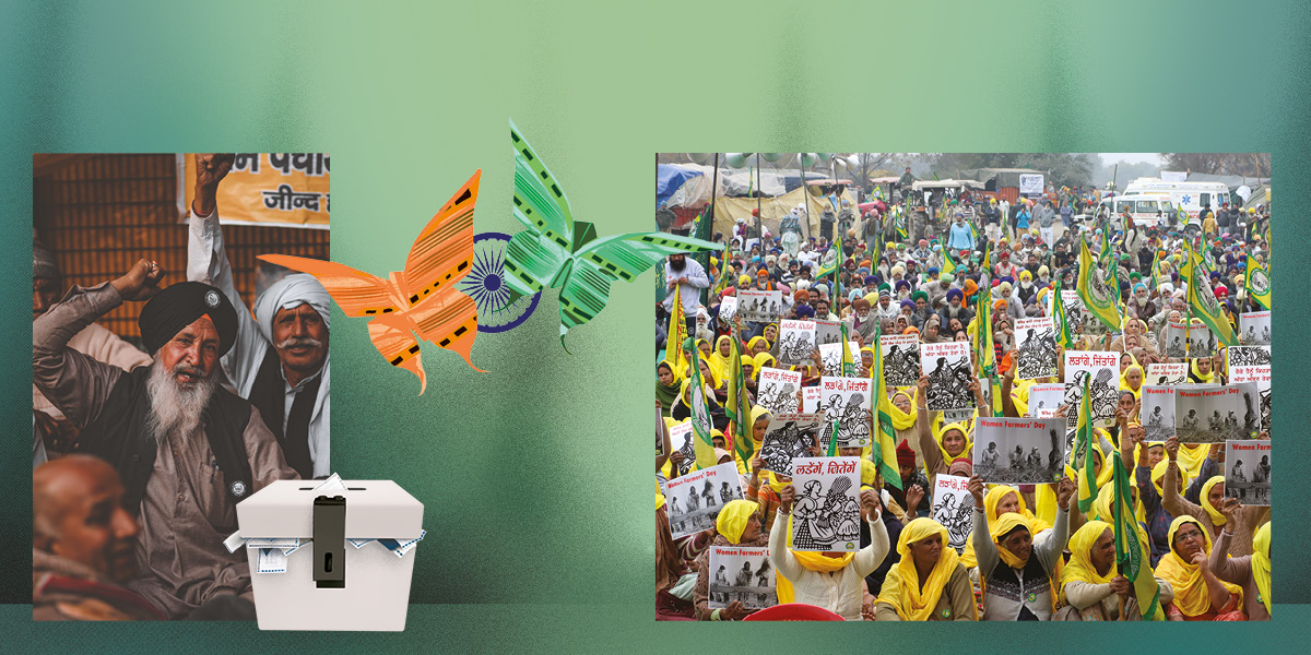 A montage image features an illustration of a ballot box with ballots coming out the side, with butterflies in the colours of the Indian flag. These are flnaked by images of protest, including seated men with turbans and raised fists and many women holding placards in yellow saris.