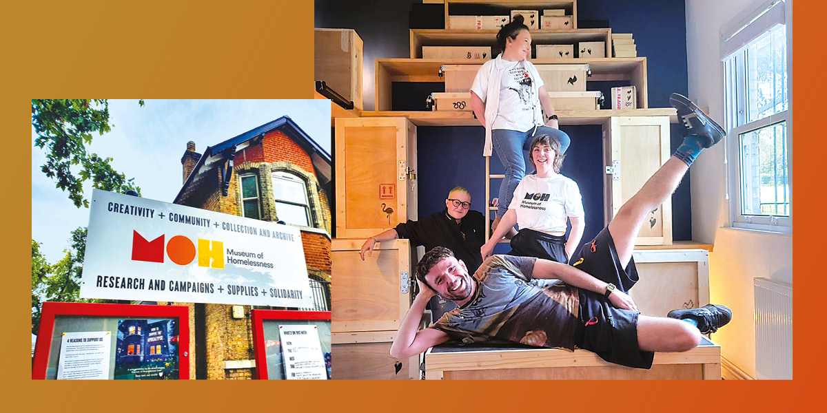 A photo of a sign outside a building that looks like a house reads: creativity + community + collection and archive MOH research and campaigns + supplies + solidarity; a group of four smiling people pose in front of wooden crates