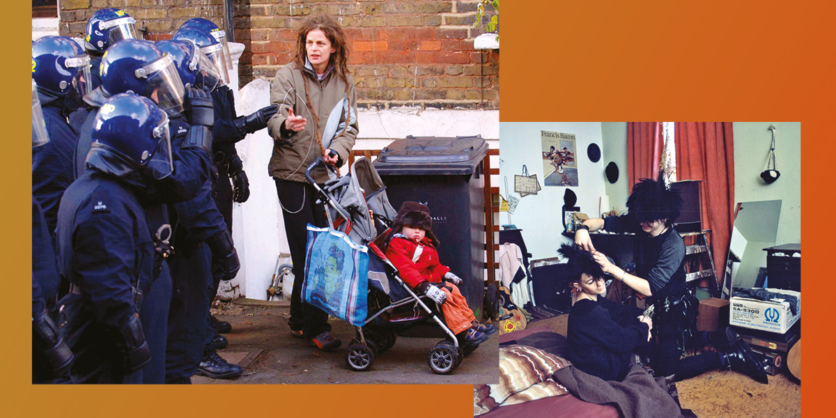 Two photos: A line of police speak to a woman pushing a pram; Punks do their hair in a 1970s squat filled with art and musical instruments