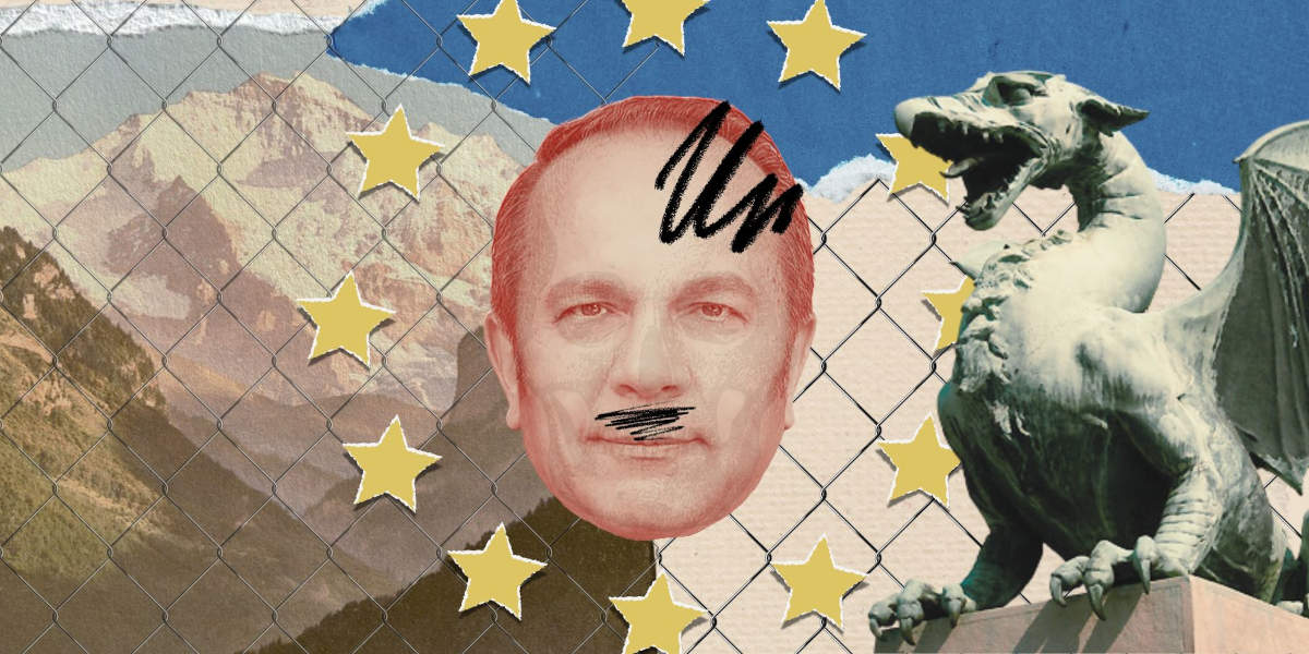 A montage image shows a backdrop of a mountain range, a stone dragon, the gold star ring of the EU flag, a chainlink fence and the face of Slovenian MEP Branko Grims with a black moustache scribble on his face