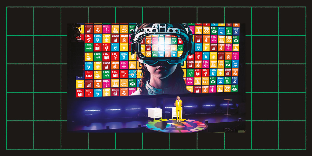 A woman delivering a presentation in front of a large screen, showing an image of a girl wearing a large VR headset and various digital icons behind her