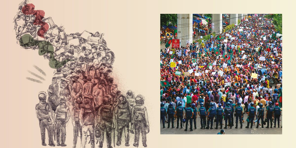 A pencil drawing of a a mass protest stopped by a police line in riot geat next to a photograph of the same scene