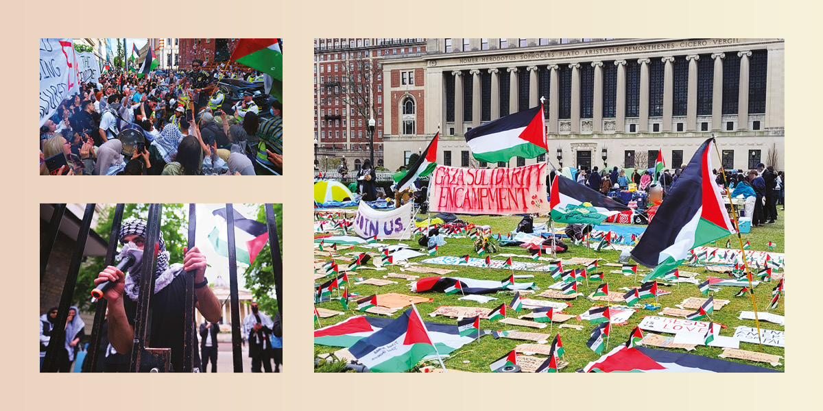 Three photos of encampments: one showing tents and flags, one a mass demo, and one a man in keffiyeh speaking in a microphone