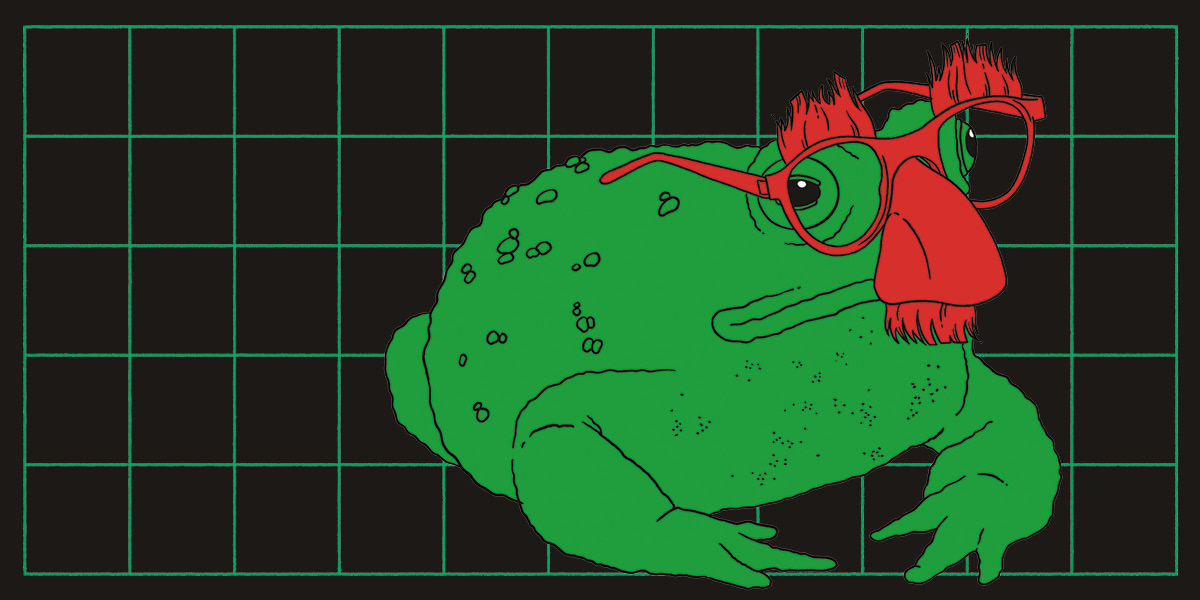 A cartoon green frog with a red Groucho Marx disguise on a black and green grid background