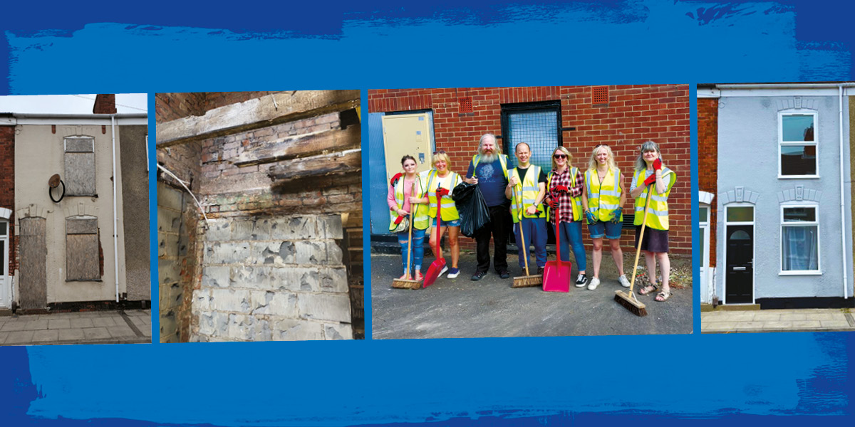 A photo montage showing houses in disrepair on the right, a crew in high vis vests holding cleaning supplies and a fixed house on the right