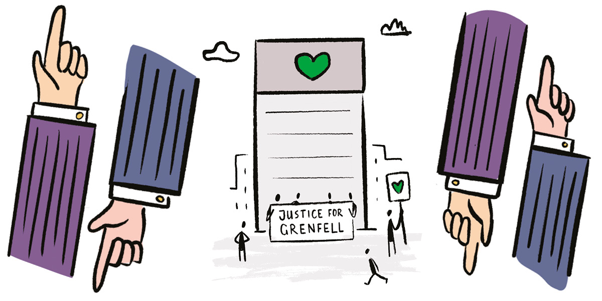 Illustrations of arms in suits pointing in different directions, with Justice 4 Grenfell banner in the centre with a green heart on the top of building