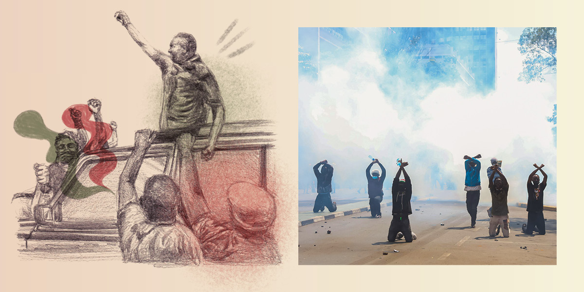 A pencil drawing of a man addressing a crowd from a car rooftop next to a photograph of protestors on their knees surrounded by teargas