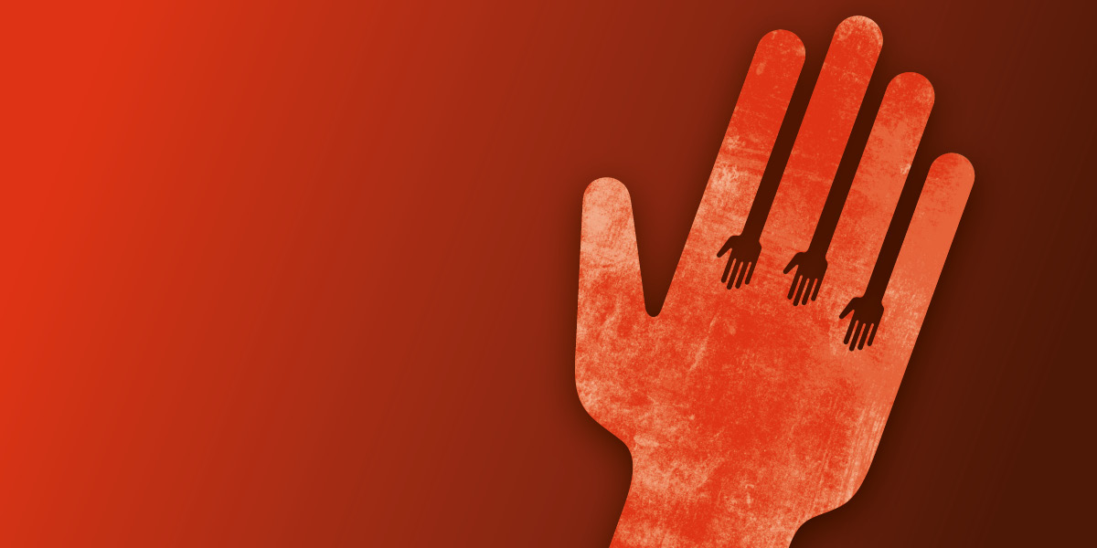 A large red hand with smaller arms and hands inbetween