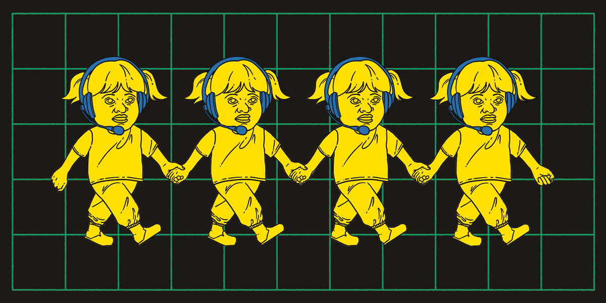 A row of marching yellow humanlike figures with pigtails with headsets on a black and green grid background