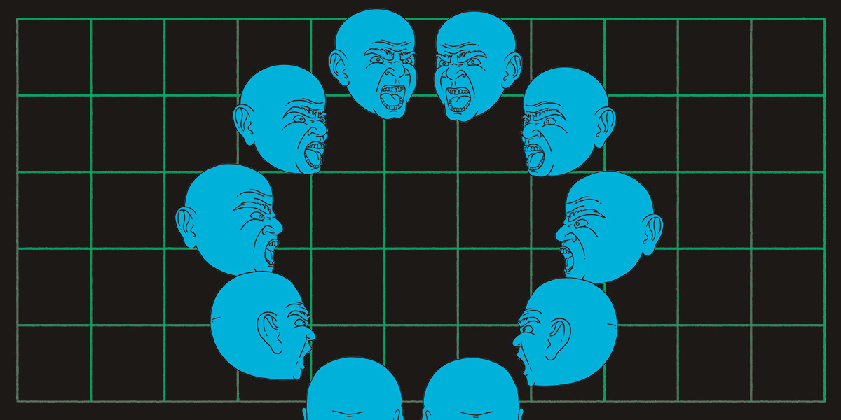 A circle of blue illustrated heads shouting at each other on a black and green grid background