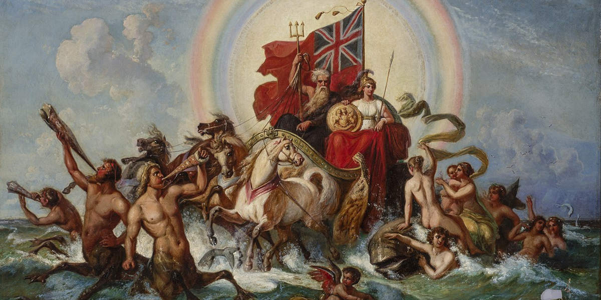 A painting depicting Britannia riding in a chariot at sea, waiving the union jack alongside Neptune and surrounded by nymphs and other mythological creatures