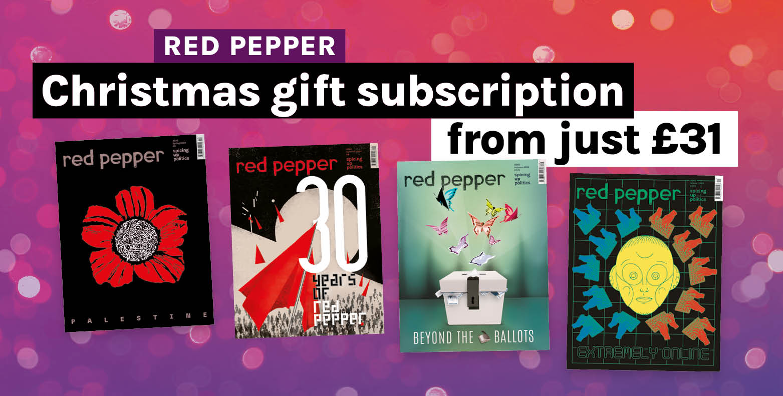 Sparkling background with four issues of Red Pepper plus text: "Christmas gift subscription from just £31"