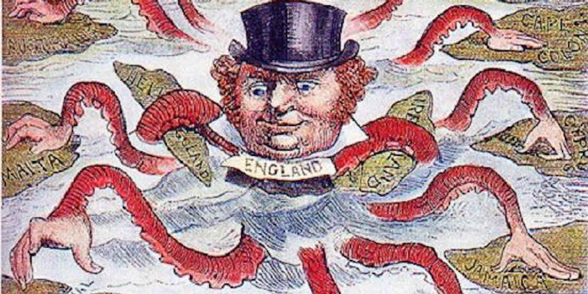 Man in top hat with tentacles reaching out to and which represents the British empire