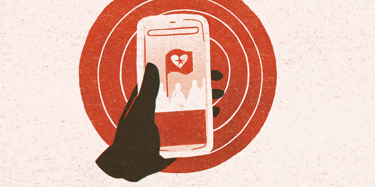 An illustration of a hand holding a smart phone – showing a rally with a flag featuring a heart and a star – with a target symbol in the background