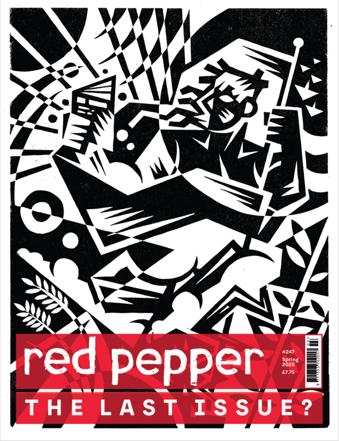 A cover of Red Pepper show a wood block print of a person reading and holding a flag