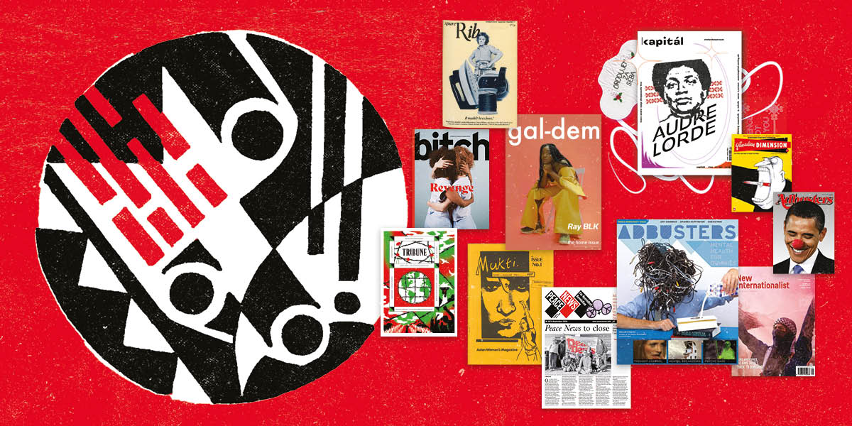 A selection of magazine covers against a red background, including bitch, gal-dem, Tribune, Peace News, Spare Rib and Mukti