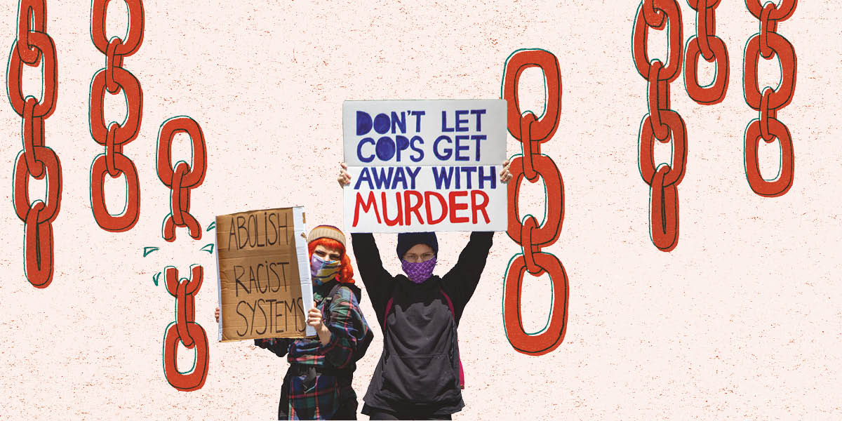 Illustrations of broken chains in the background of a photo of two protestors holding up placards at a BLM rally