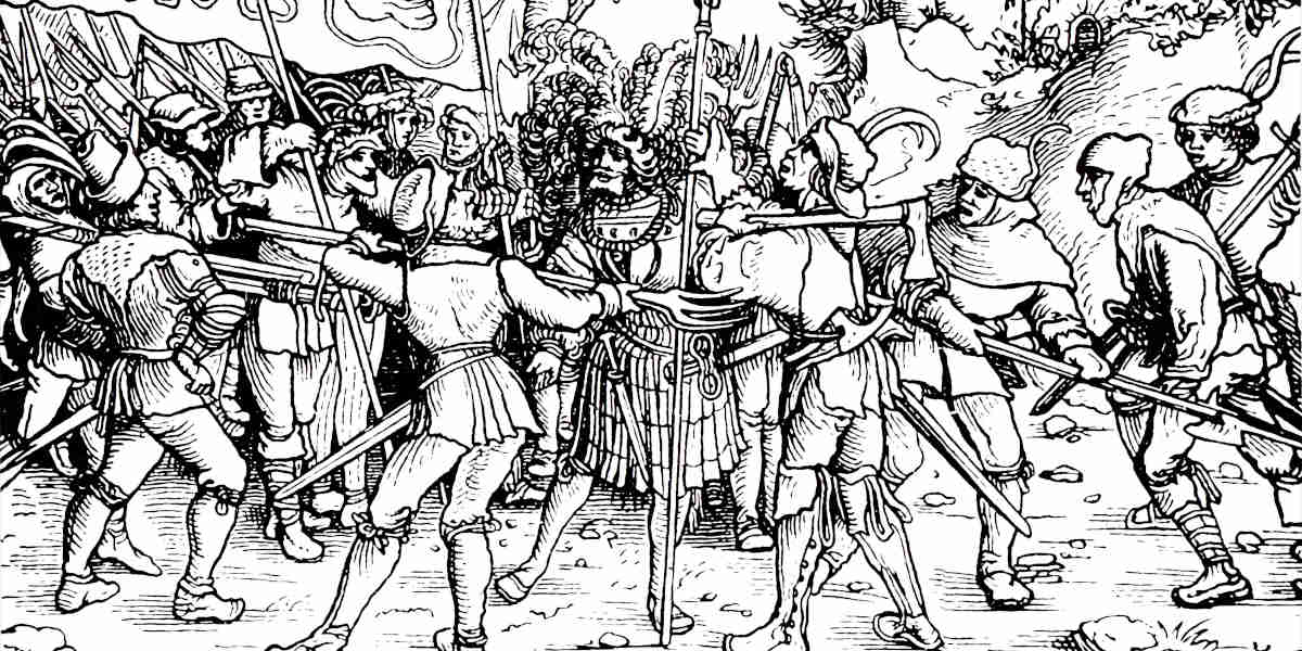 A 16th century woodcut depicting armed peasants surrounding a knight